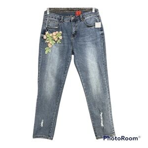 V Cristina Jeans Womens 12 Crop Mid Rise Straight Leg Beaded Flowers Denim
